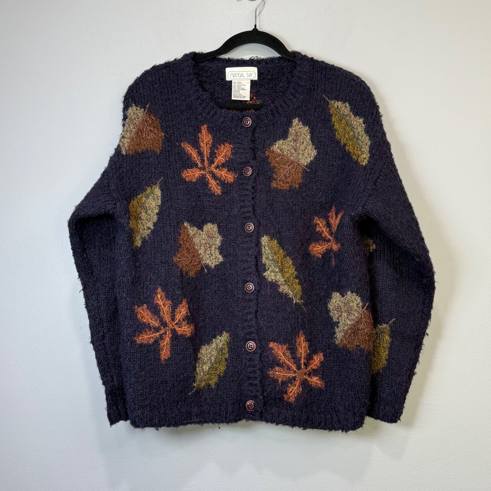 Mandal Bay Vintage Mohair Ramie Blend Leaf Knit Cardigan Sweater Navy Blue L